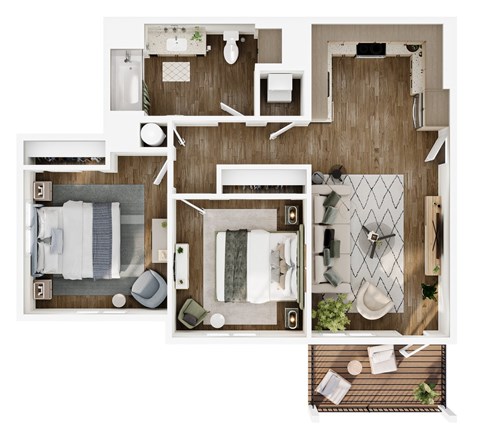 Floor plan for 2 beds, 1 bath, 895 sqft